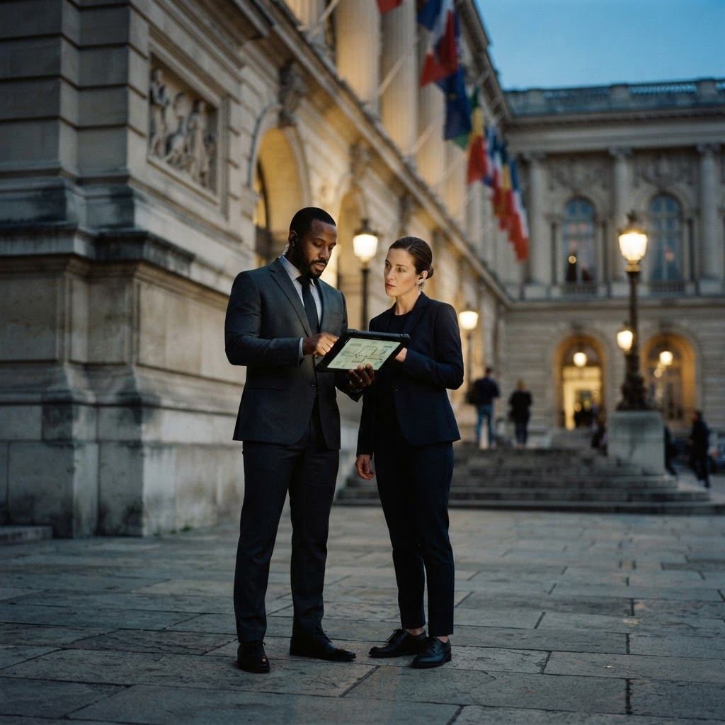 Two protective coordinators reviewing an advance security plan outside a stately civic building.