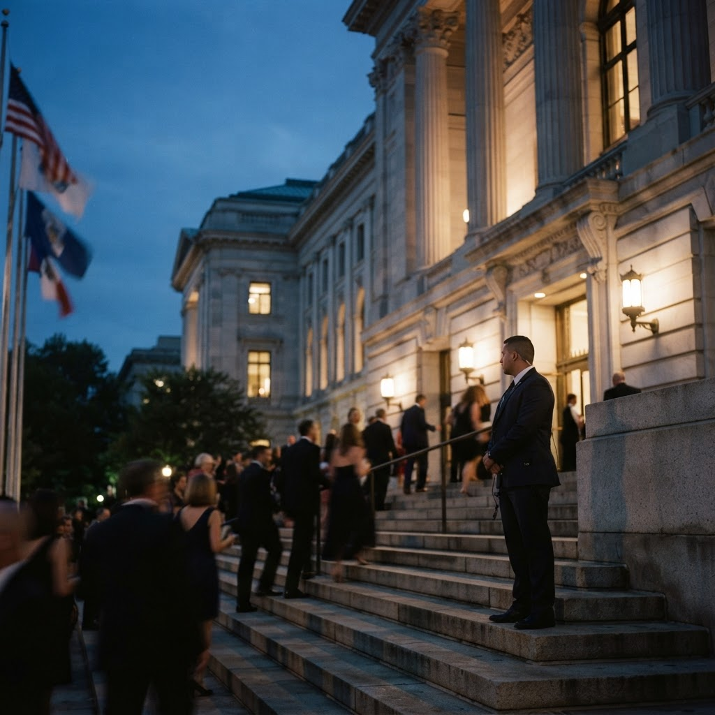 A civic building entrance with an organized, professional security posture during a public event.