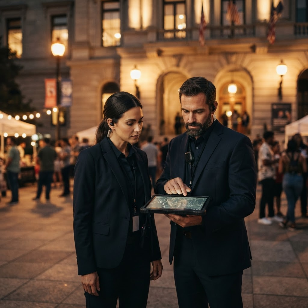 Two protective coordinators reviewing an advance security plan outside a municipal government building.
