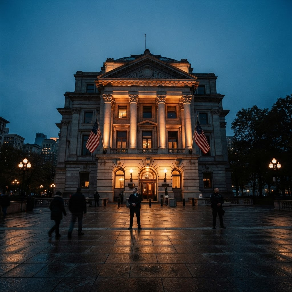 A municipal city hall building at dusk with a discreet, professional protective presence at the entrance.