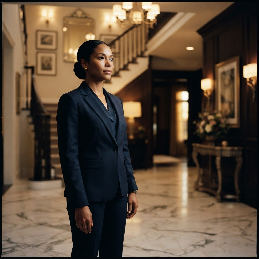 A composed protective agent standing attentively in the foyer of a luxury private residence.