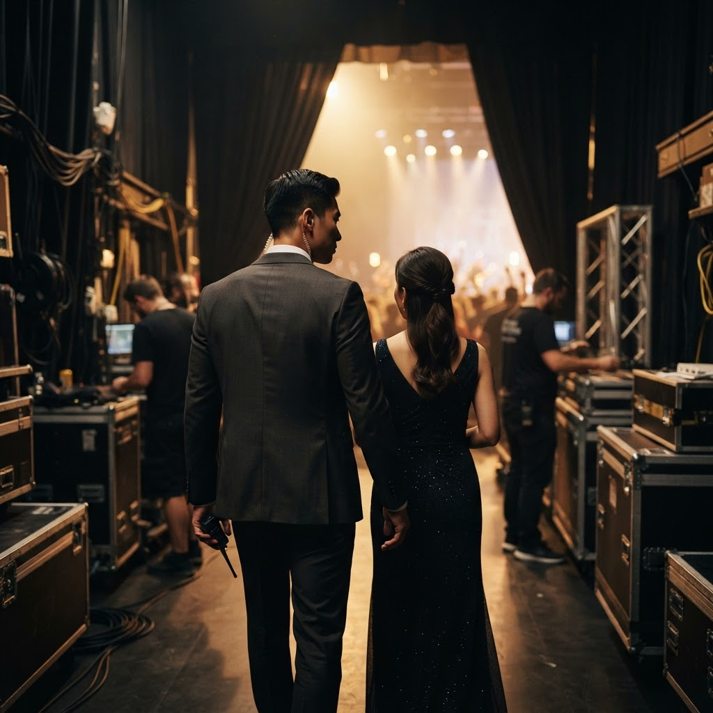 A close-protection agent discreetly escorting a talent client through a backstage corridor.