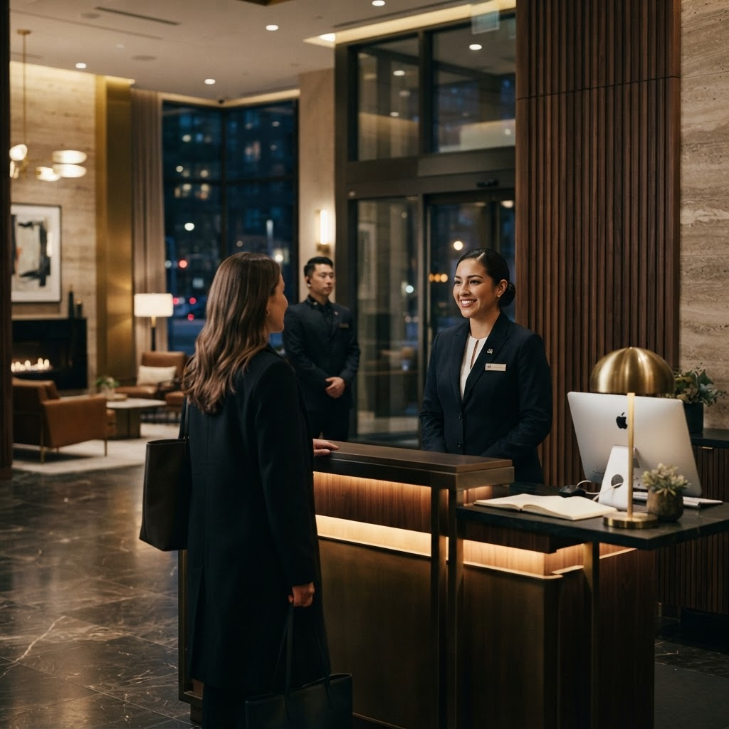 A concierge-security lead welcoming a resident at the front desk of an upscale residential lobby.