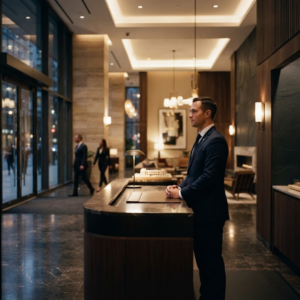 A luxury residential lobby with a professional, service-oriented security and concierge presence.
