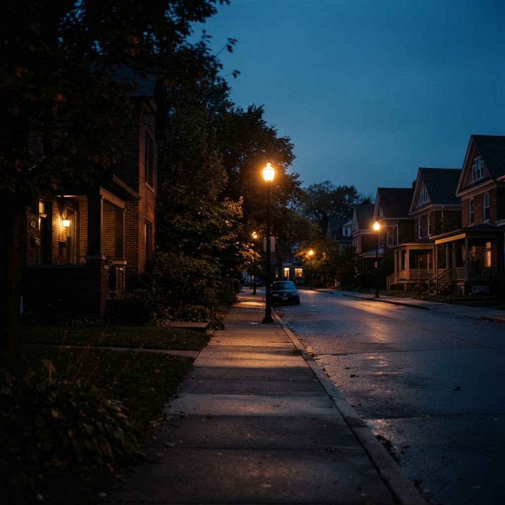 A community street scene at dusk reflecting evolving public-safety concerns.