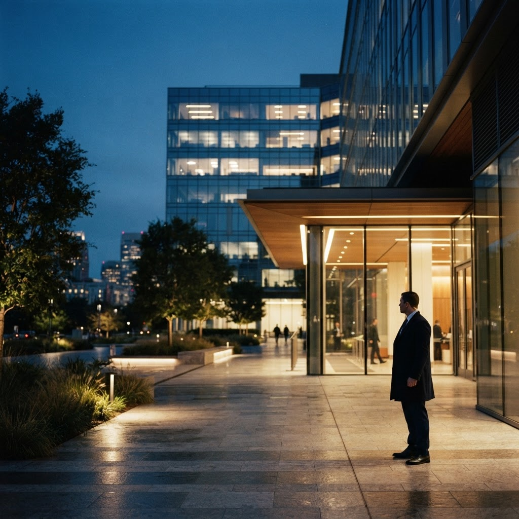 A modern corporate technology campus at dusk with a discreet, professional protective presence at the entrance.