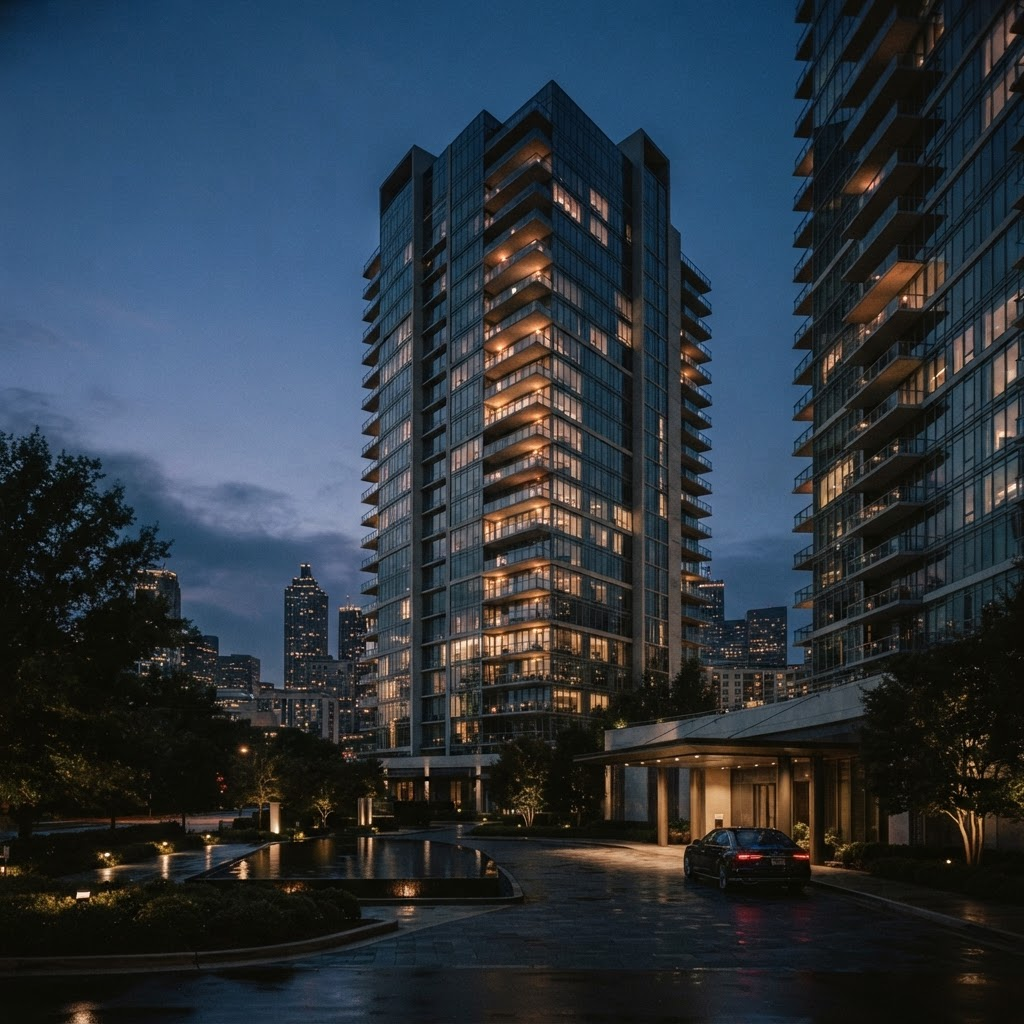 Luxury high-rise residential towers in Atlanta at dusk.