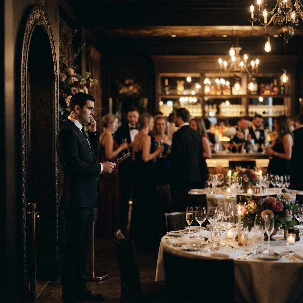 An exclusive invitation-only Derby weekend gala with elegant guests and discreet security presence.
