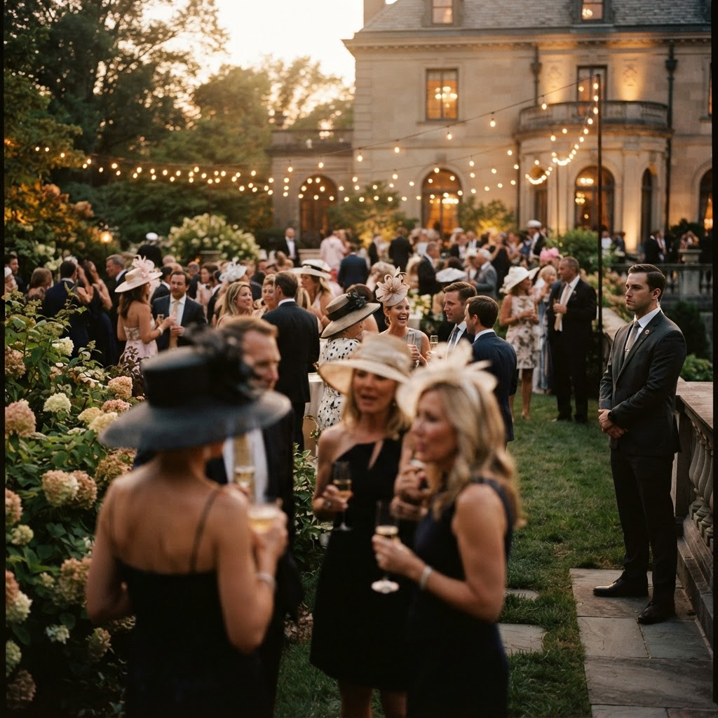 An elegant Kentucky Derby gala setting at dusk with a discreet, professional protective presence.
