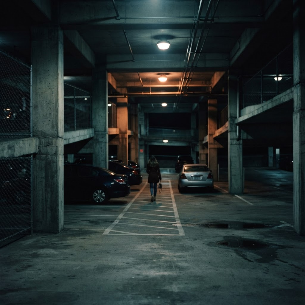 A dimly lit parking structure at night, a common point of vulnerability during the walk to a vehicle.