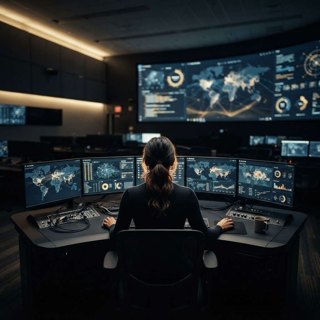 Analyst monitoring live operations in a security operations center