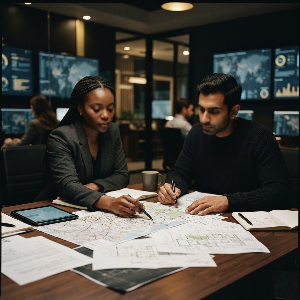 Risk analysts reviewing site plans and threat assessments