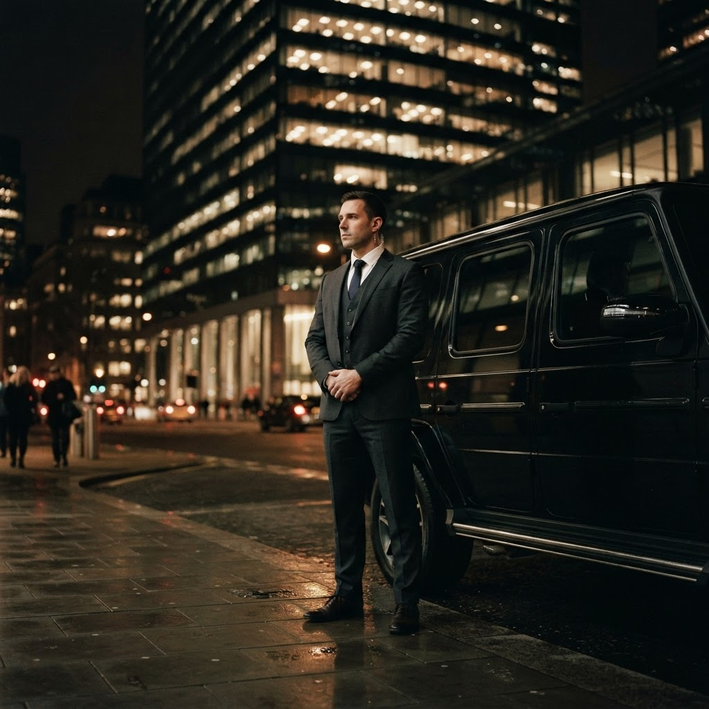 A discreet close-protection agent standing beside a black luxury SUV outside a corporate tower at night.