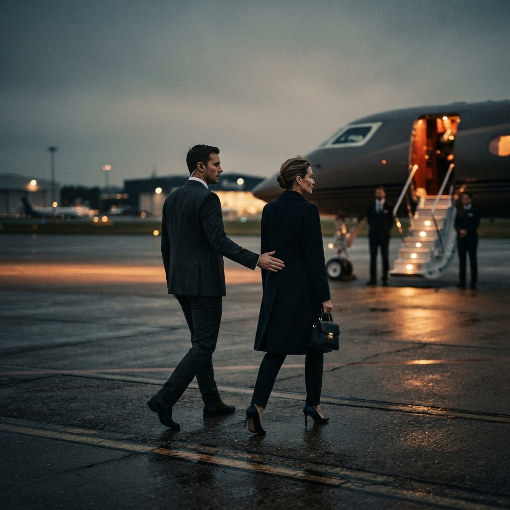 A protective agent escorting a principal across a private jet tarmac at dusk.