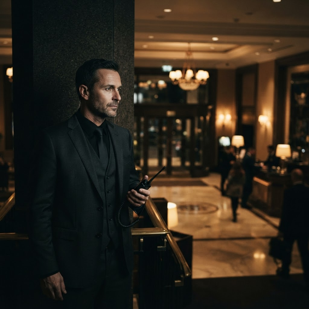 A close-protection specialist discreetly scanning a hotel lobby entrance.